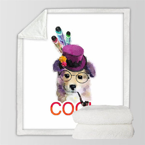 Image of Watercolor Cute Puppy Wearing Hat Cozy Soft Sherpa Blanket