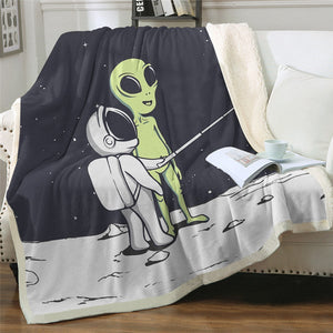 Funny Alien And Astronaut Take Picture Cozy Soft Sherpa Blanket