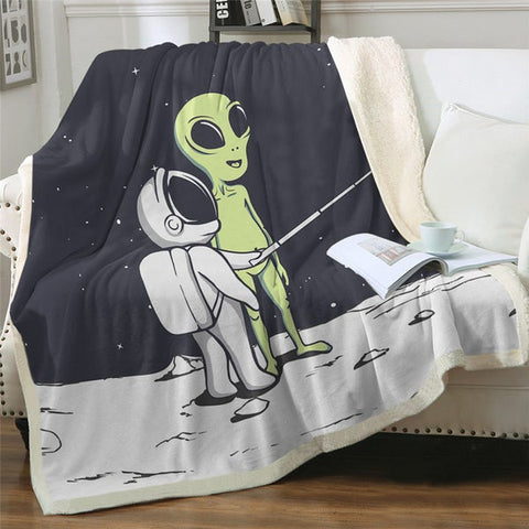 Image of Funny Alien And Astronaut Take Picture Cozy Soft Sherpa Blanket