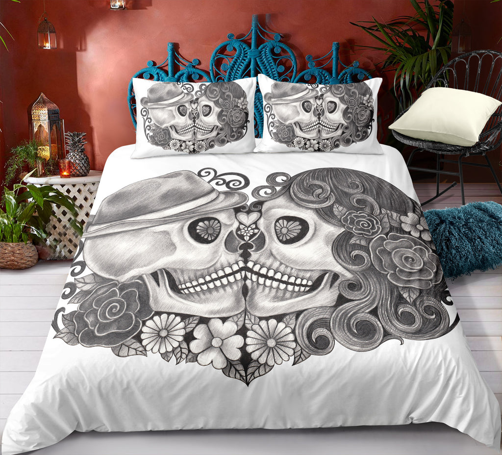 B&W Floral Skull Couple in Heart Bedding Set