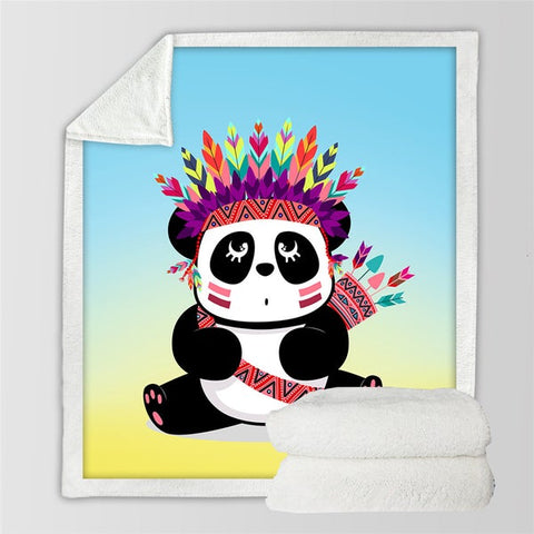 Image of Cute Cartoon Panda With Feathers Crown Soft Sherpa Blanket