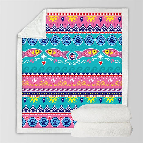 Image of Colorful Fish Floral Pattern Microfiber Soft Sherpa Blanket