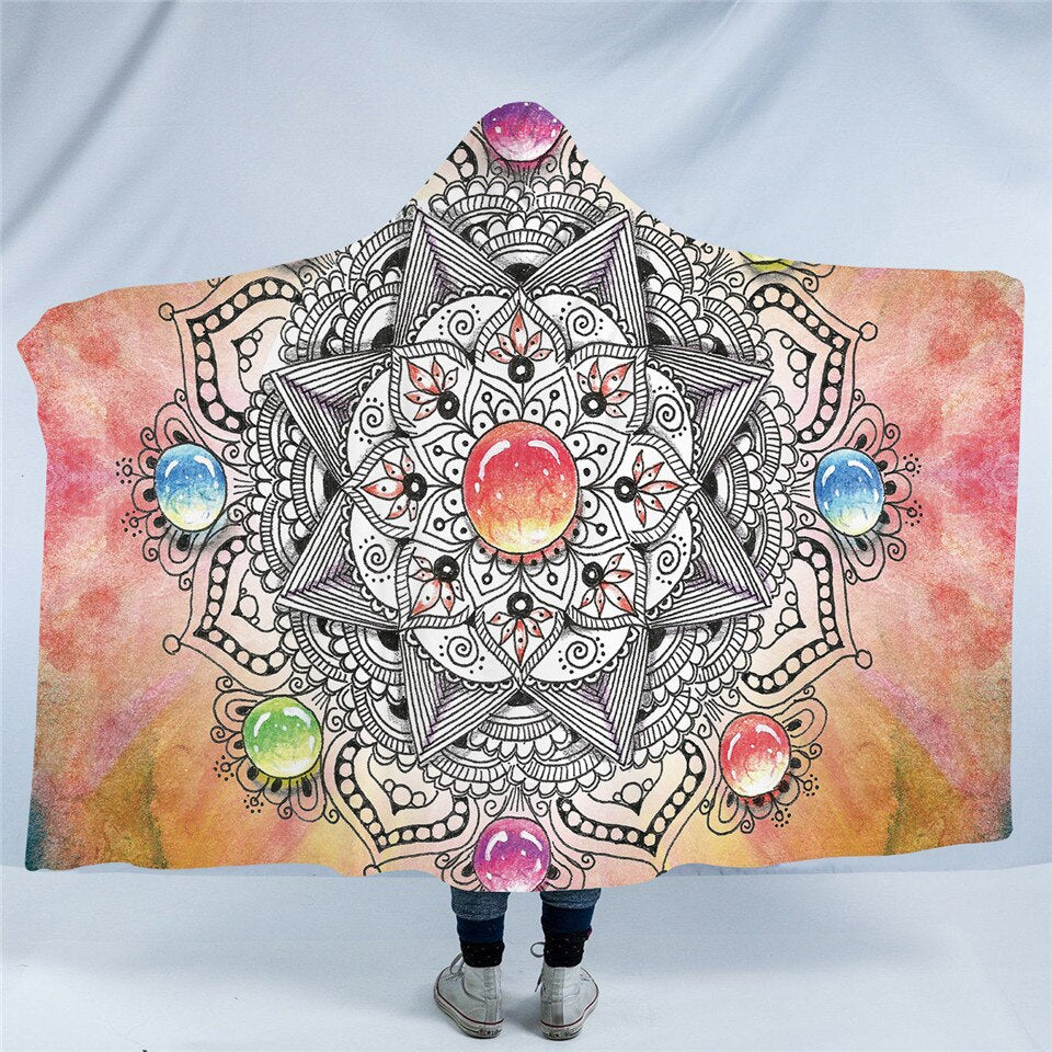Concentric Jewel Mandala Motif Hooded Blanket