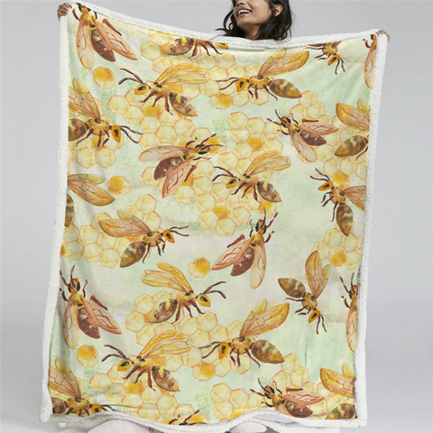 Image of Yellow Bee With Beecomb Plush Soft Sherpa Blanket