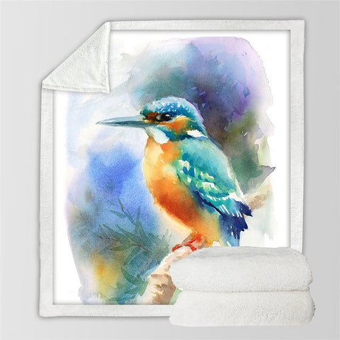 Image of Watercolor Kingfisher Bird Cozy Soft Sherpa Blanket