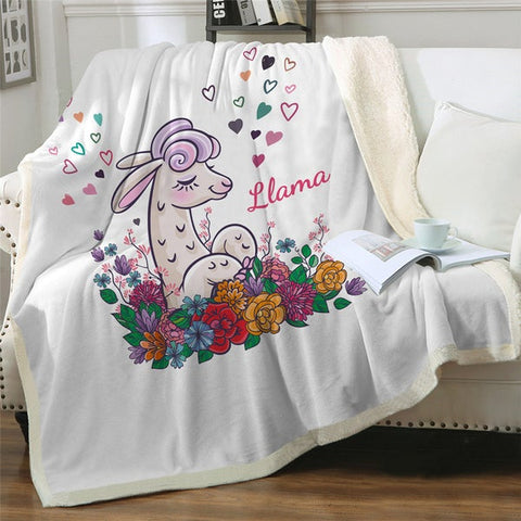Image of Lovely Cartoon Llama And Flowers Soft Sherpa Blanket