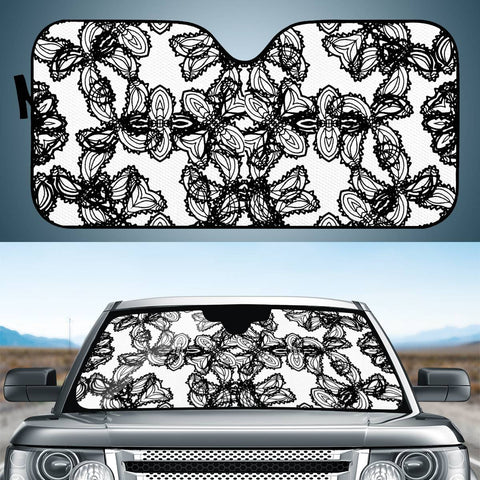 Image of Stylized Botanical Motif Black And White Print Auto Sun Shades