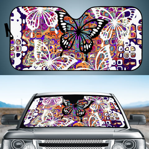 Image of Colorful Fractal Painting With White Butterflies Auto Sun Shades