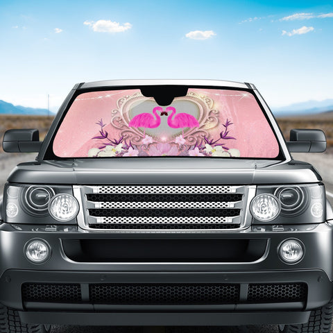 Image of Elegant Heart With Flamingo And Flowers Auto Sun Shades