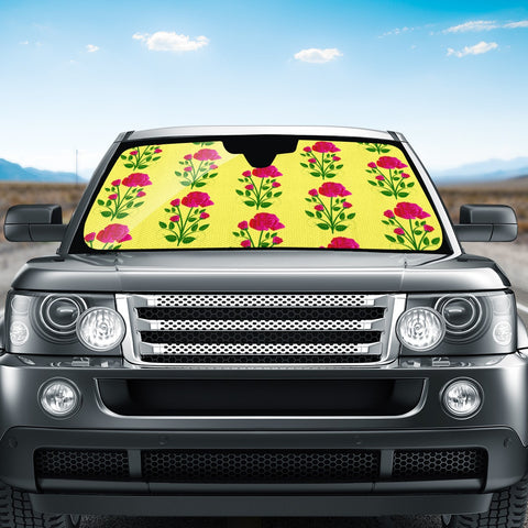Image of Pink Roses On A Yellow Background Pattern Auto Sun Shades