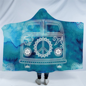 Peace Bus Diluted Teal Hooded Blanket