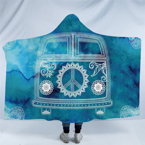 Image of Peace Bus Diluted Teal Hooded Blanket