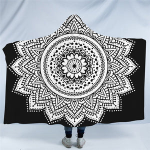 Concentric White Mandala Hooded Blanket