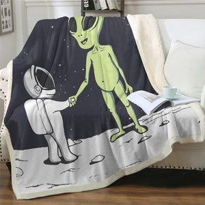 Funny Alien And Astronaut Handshake Cozy Soft Sherpa Blanket