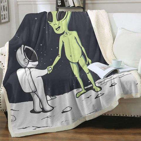 Image of Funny Alien And Astronaut Handshake Cozy Soft Sherpa Blanket