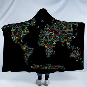 World Map With Iconic Lanscapes Black Hooded Blanket