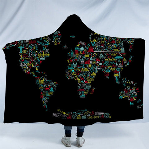 Image of World Map With Iconic Lanscapes Black Hooded Blanket