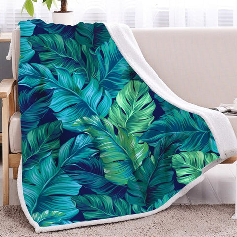 Image of Green Palm Leaf Tropical Plants Soft Sherpa Blanket
