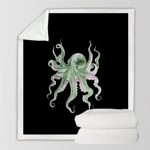 Image of Watercolor Green Octopus Ocean Animal Cozy Soft Sherpa Blanket