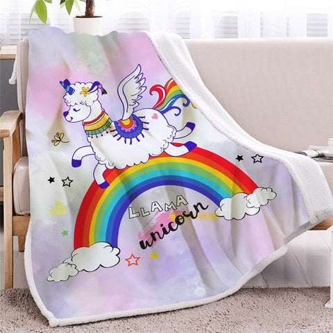 Image of Llama Unicorn And Rainbow Bridge Soft Sherpa Blanket