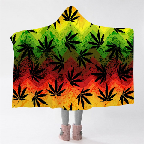 Image of Black Canabis Pattern Hooded Blanket