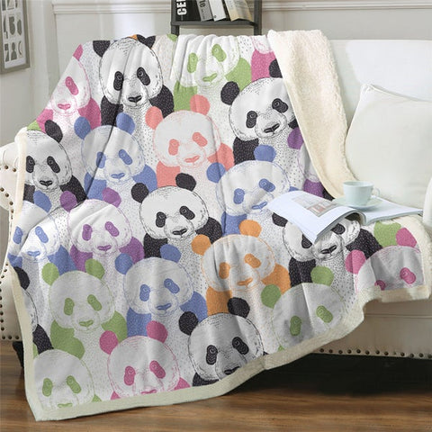 Image of Watercolor Colorful Panda Pattern Soft Sherpa Blanket