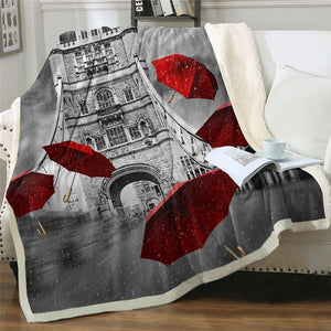 Red Umbrellas Tower Bridge Cozy Soft Sherpa Blanket