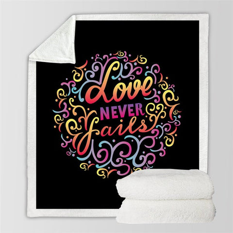 Image of Love Never Fails Quotes Letter Cozy Soft Sherpa Blanket