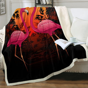 Sunset Flamingo Couple Cozy Soft Sherpa Blanket