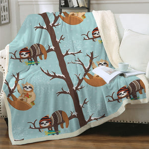 Funny Winter Sloth On Tree Cozy Soft Sherpa Blanket