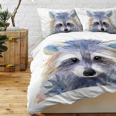 Image of Raccoon Bedding Set Animal Quilt Cover Watercolor Bedspreads