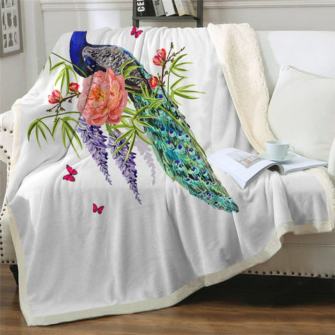 Image of Watercolor Beautiful Peacock Soft Sherpa Blanket