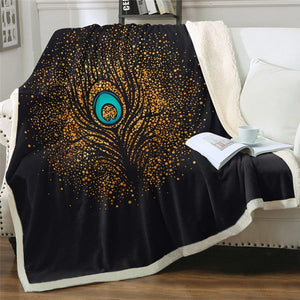 Golden Glitter Peacock Feather Soft Sherpa Blanket