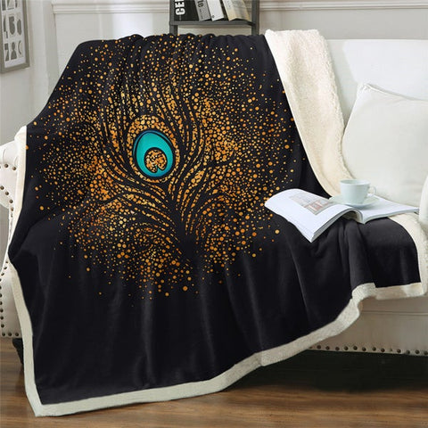 Image of Golden Glitter Peacock Feather Soft Sherpa Blanket