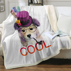 Watercolor Cute Puppy Wearing Hat Cozy Soft Sherpa Blanket