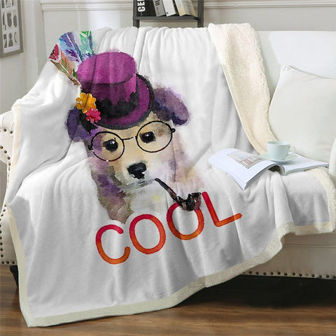 Image of Watercolor Cute Puppy Wearing Hat Cozy Soft Sherpa Blanket