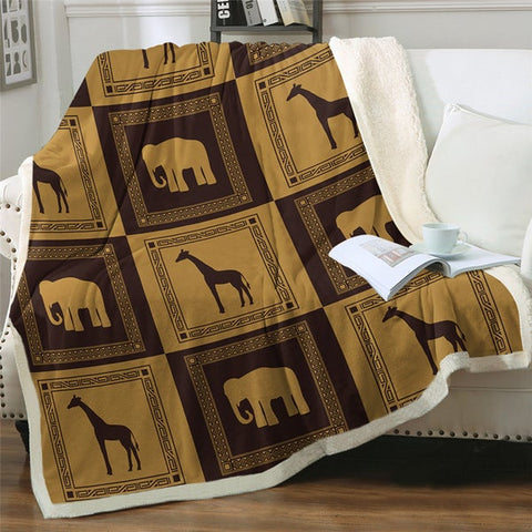 Image of Africa Elephants Giraffes Pattern Soft Sherpa Blanket