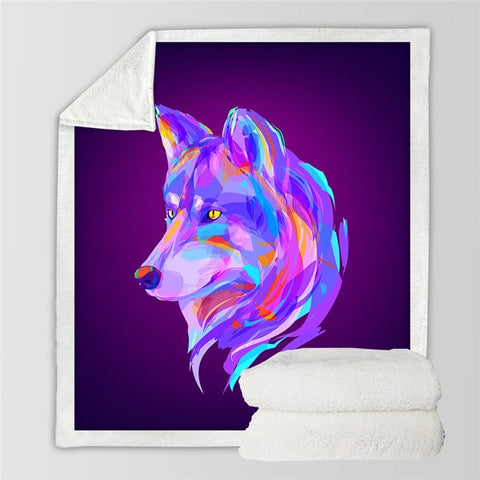 Image of Watercolor Artistic Wolf Purple Cozy Soft Sherpa Blanket