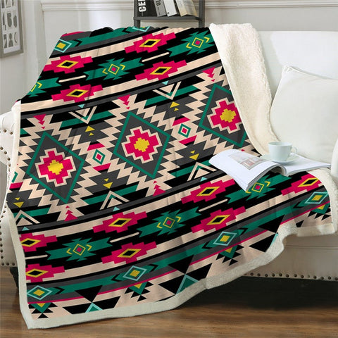 Image of Green Red Geometric Pattern Microfiber Soft Sherpa Blanket