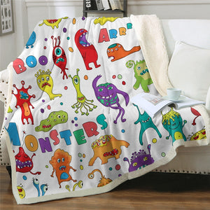 Funny Cartoon Monsters Pattern Cozy Soft Sherpa Blanket