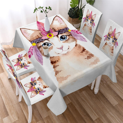 Image of Cute Cartoon Cat White Table Cloth Waterproof 06