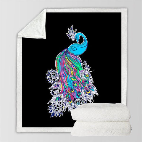 Image of Beautiful Peacock Black Soft Sherpa Blanket