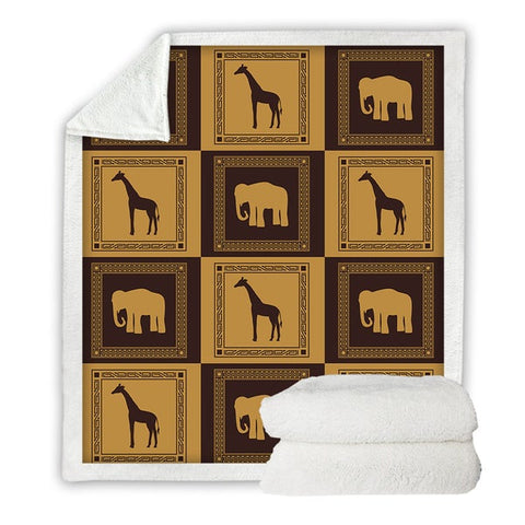 Image of Africa Elephants Giraffes Pattern Soft Sherpa Blanket