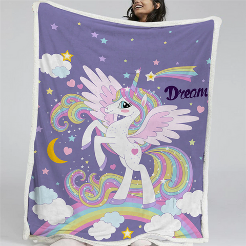 Image of Lovely Unicorn Rainbow Hair Purple Soft Sherpa Blanket