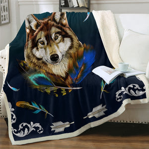 Wolf Feathers Floral Pattern Soft Sherpa Blanket