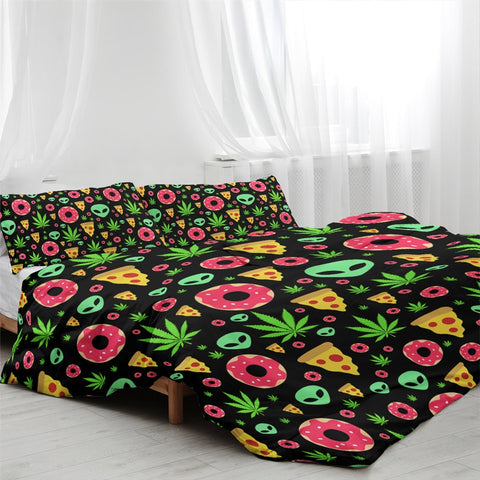 Image of Alien Bedding Set Food Colorful with Pillow Covers Donuts Pizza Home Textiles Marijuana Leaf