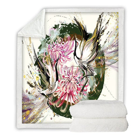 Image of Elegant Flower Crane Painting Art Cozy Soft Sherpa Blanket