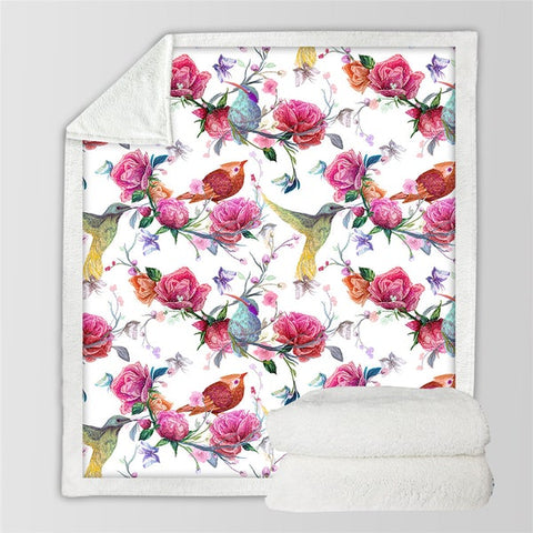 Image of Watercolor Flowers Sunbirds Cozy Soft Sherpa Blanket