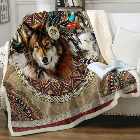 Image of Wolf And Mandala Pattern Soft Sherpa Blanket