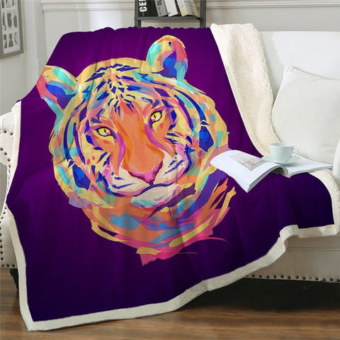 Image of Watercolor Artistic Tiger Purple Cozy Soft Sherpa Blanket